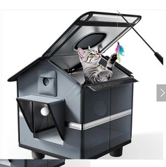 Outdoor Cat House with Raised Base & Toy Included, Weatherproof Feral Cat Shelte