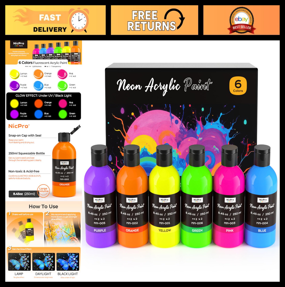 Fluorescent Acrylic Paint Set – 6 Vibrant Neon Colors, Non-Toxic, Glow Under Bla