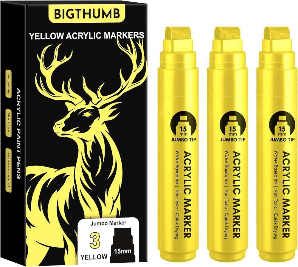3 Pcs Yellow Jumbo Permanent Markers: 15mm Wide Tip Thick Acrylic Paint Pen Larg