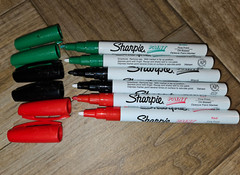 6 Sharpie Oil Base Paint Marker, Fine Bullet Point, Red, Black, Green as Shown