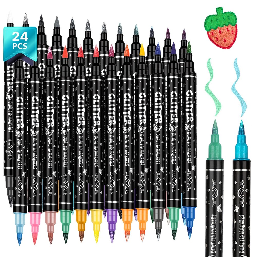 48 Colors Glitter Brush Markers, 24 Pcs Dual Tip Marker, Metallic Sparkle Mar…