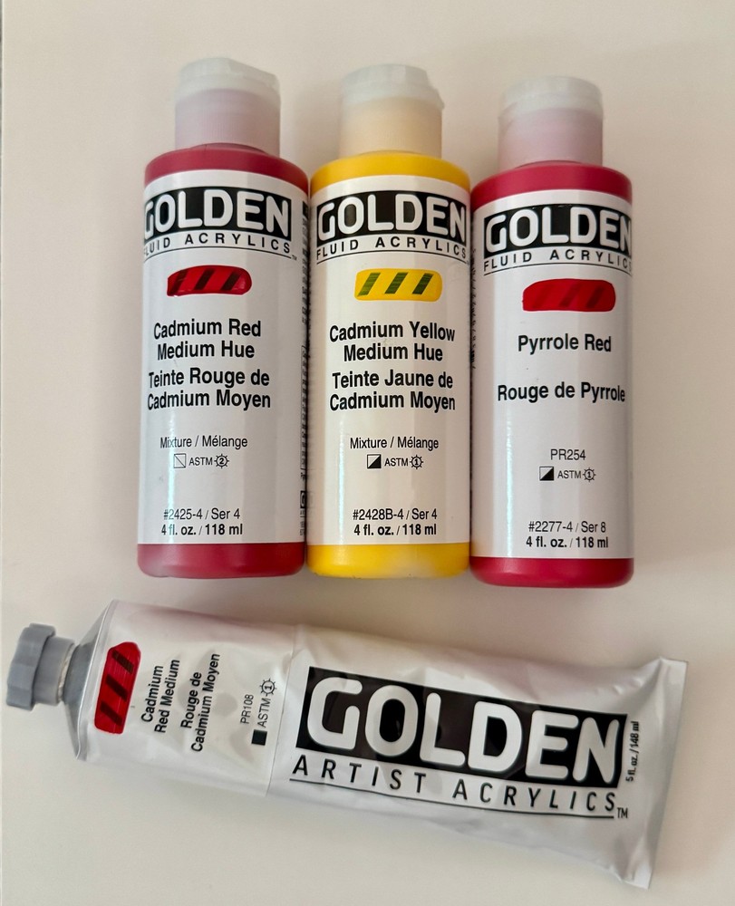 New lot of 4 Golden fluid acrylic paints 4oz 5oz Pyrrole Cadmium Red Yellow