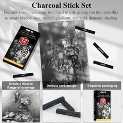 Compressed Charcoal Sticks Set of 12 – Soft, 1 Count (Pack 12), Black