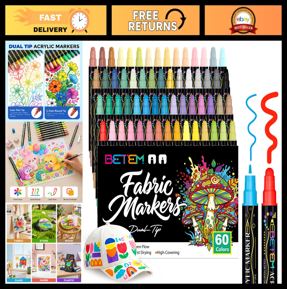 60 Colors Dual Tip Acrylic Paint Markers – Water-Based Art Supplies for Fabric,