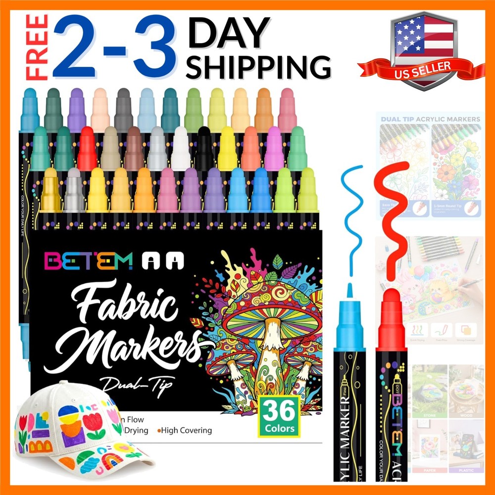 36 Colors Dual Tip Acrylic Paint Markers, Fabric Decorating Kits Water-Based…