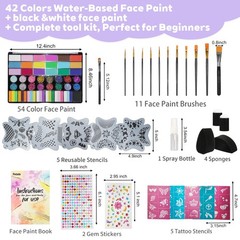 42 Color Face Painting Kit Water Activated Non Toxic with Stencils Brushes Set