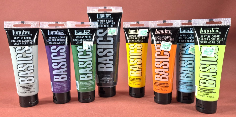 Liquitex Basics Acrylic Paint Lot of 8 Grey Purple Yellow Black Orange Blue