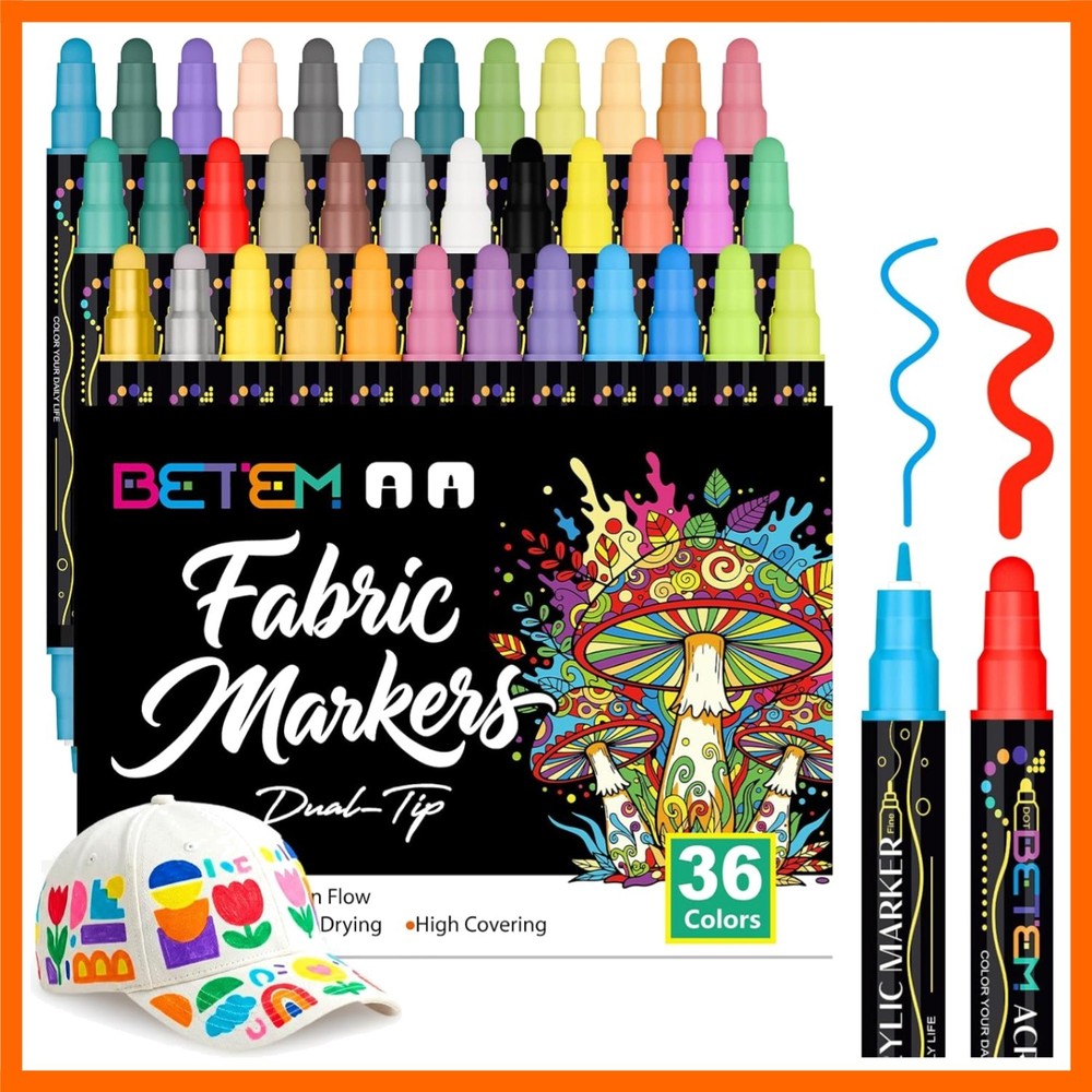 36 Colors Dual Tip Acrylic Paint Markers, Fabric Decorating Kits Water-Based…