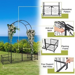 7.2ft Black Iron Garden Arch with Arched Top and Gate Metal Arbor Trellis