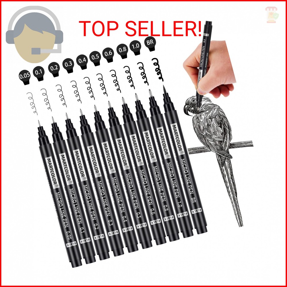 MARTCOLOR Micro Pen Fineliner Pens, 10 Size Fine Point Archival Black Ink Pens,