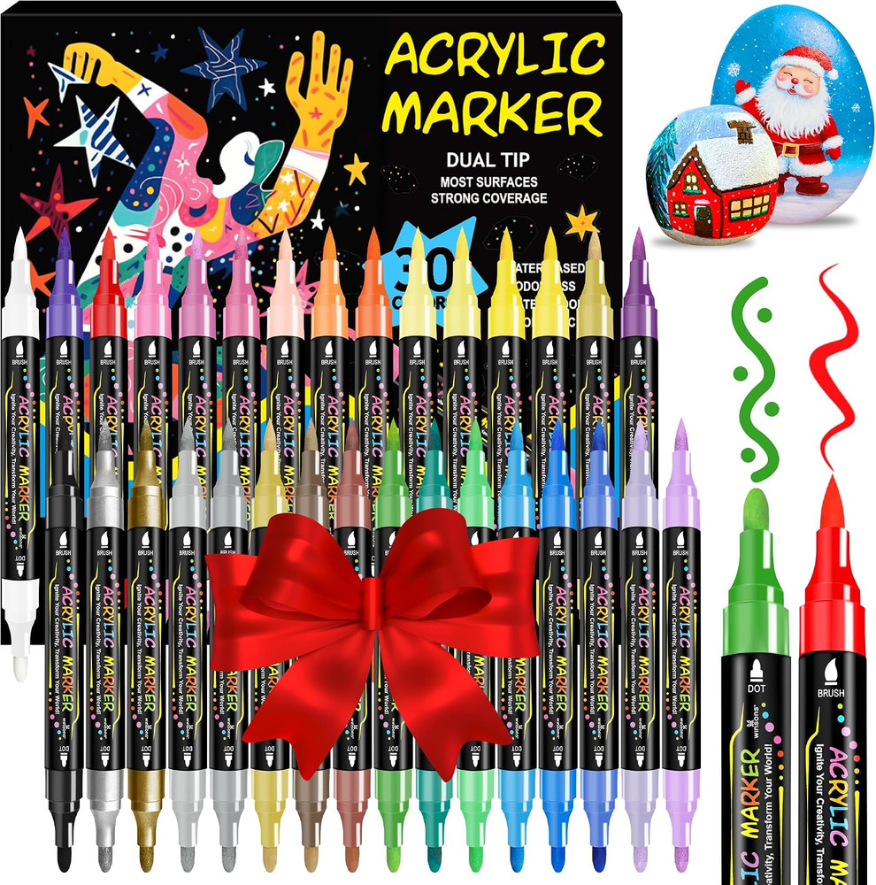 30 Colors Dual Tip Acrylic Paint Markers Pens- Premium Acrylic Paint Markers, Br
