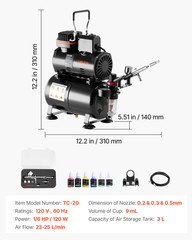 VEVOR Airbrush Starter Kit w/ Compressor & Tank, 1 Airbrush, 3 Tips