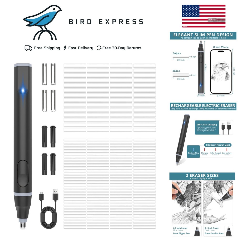 Electric Eraser Kit USB C Rechargeable with 220 Refills Dual Sizes for Artists