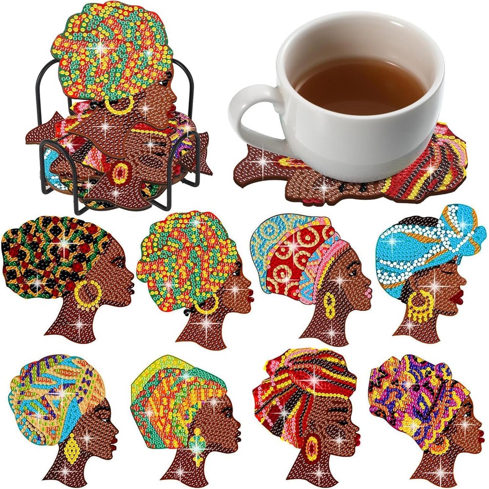 8 Pcs African American Diamond Painting Coasters with Holder Black Multicolor