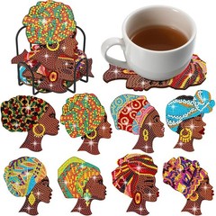 8 Pcs African American Diamond Painting Coasters with Holder Black Multicolor