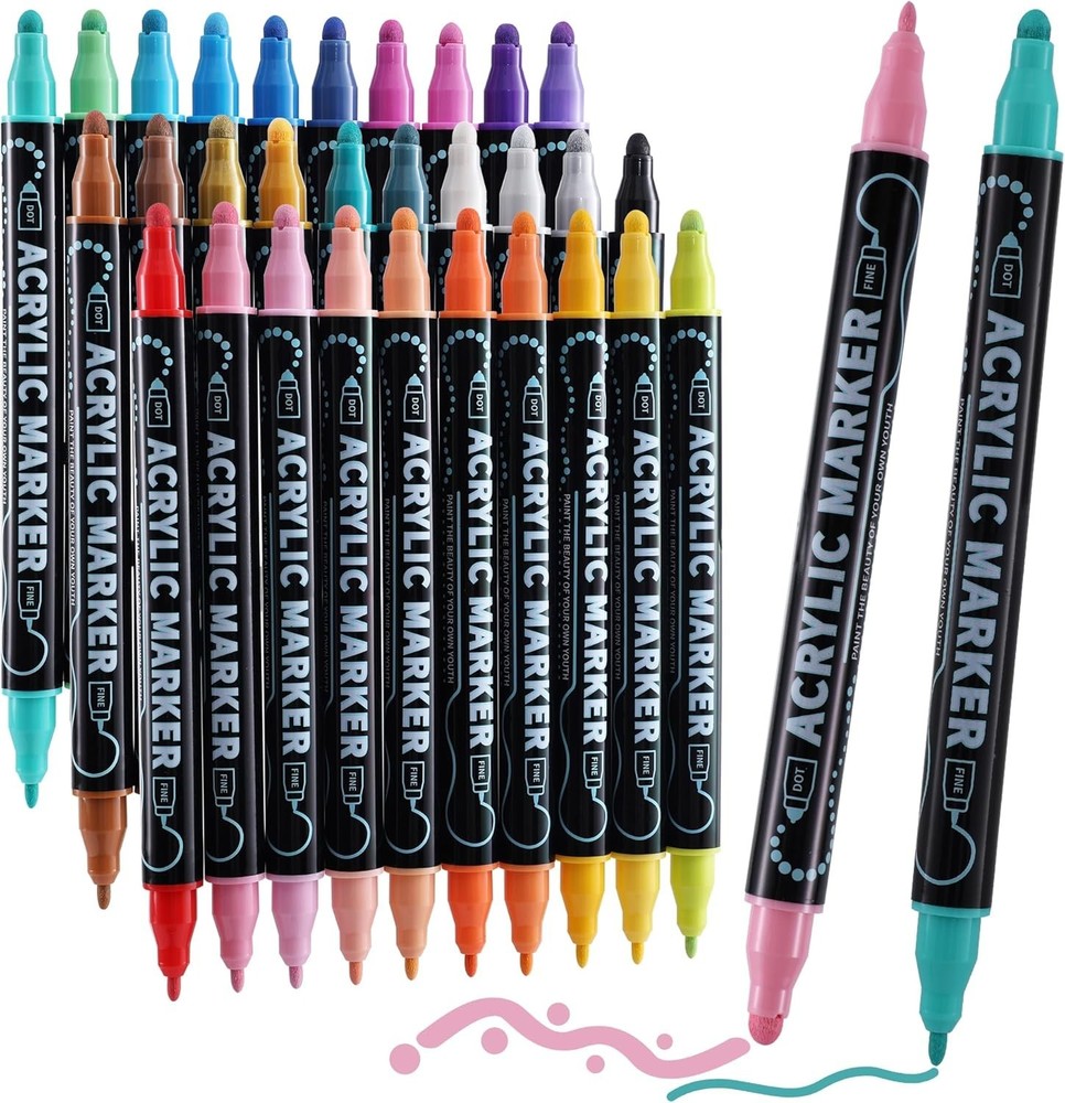 30 Colors Waterproof Dual Tip Acrylic Paint Pens, Dot & Fine Tip Markers Set