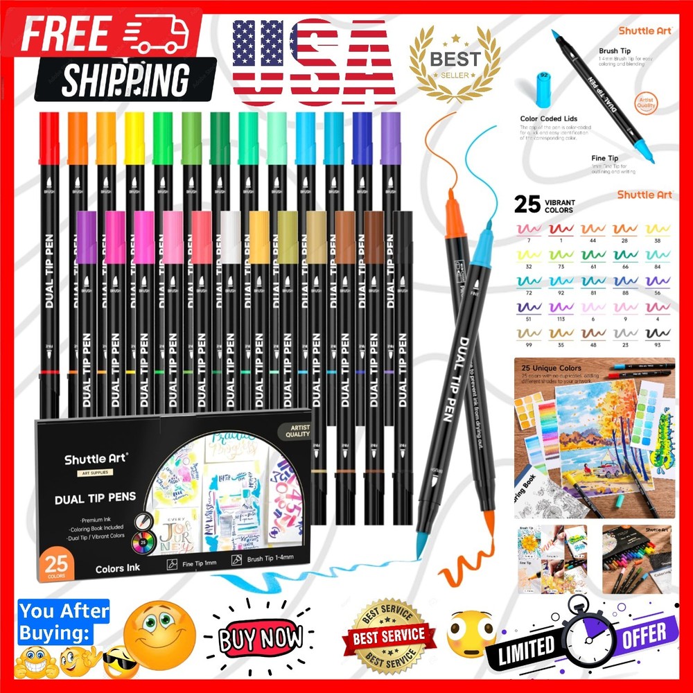 Dual Tip Brush Marker Pens, 25 Colors Water-based Ink, Fine and Brush Tip Mar…