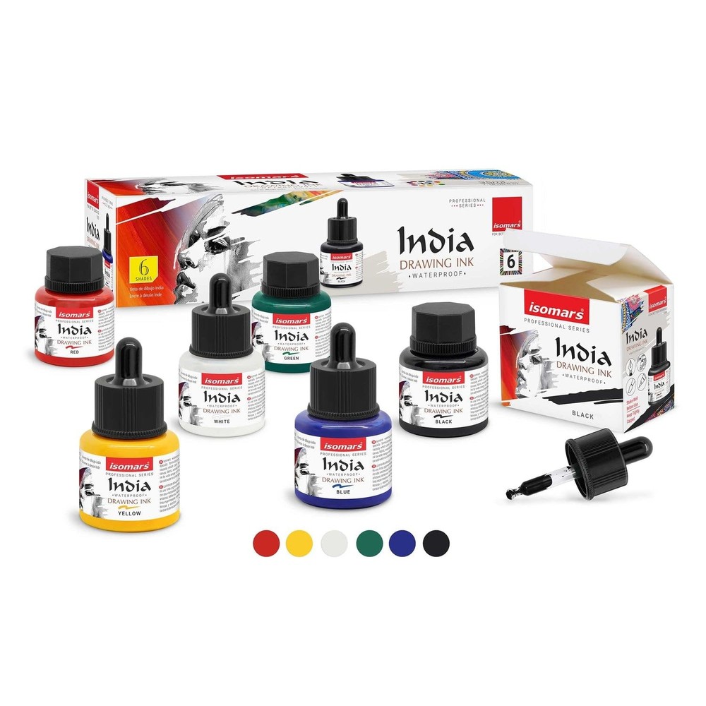Waterproof Drawing Ink Set of 6 x 35ml with Dropper