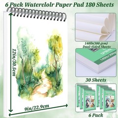 6Pack 9×12 Inch 180 Sheets 140lb/300gsm Spiral Bound Watercolor Paper Pad