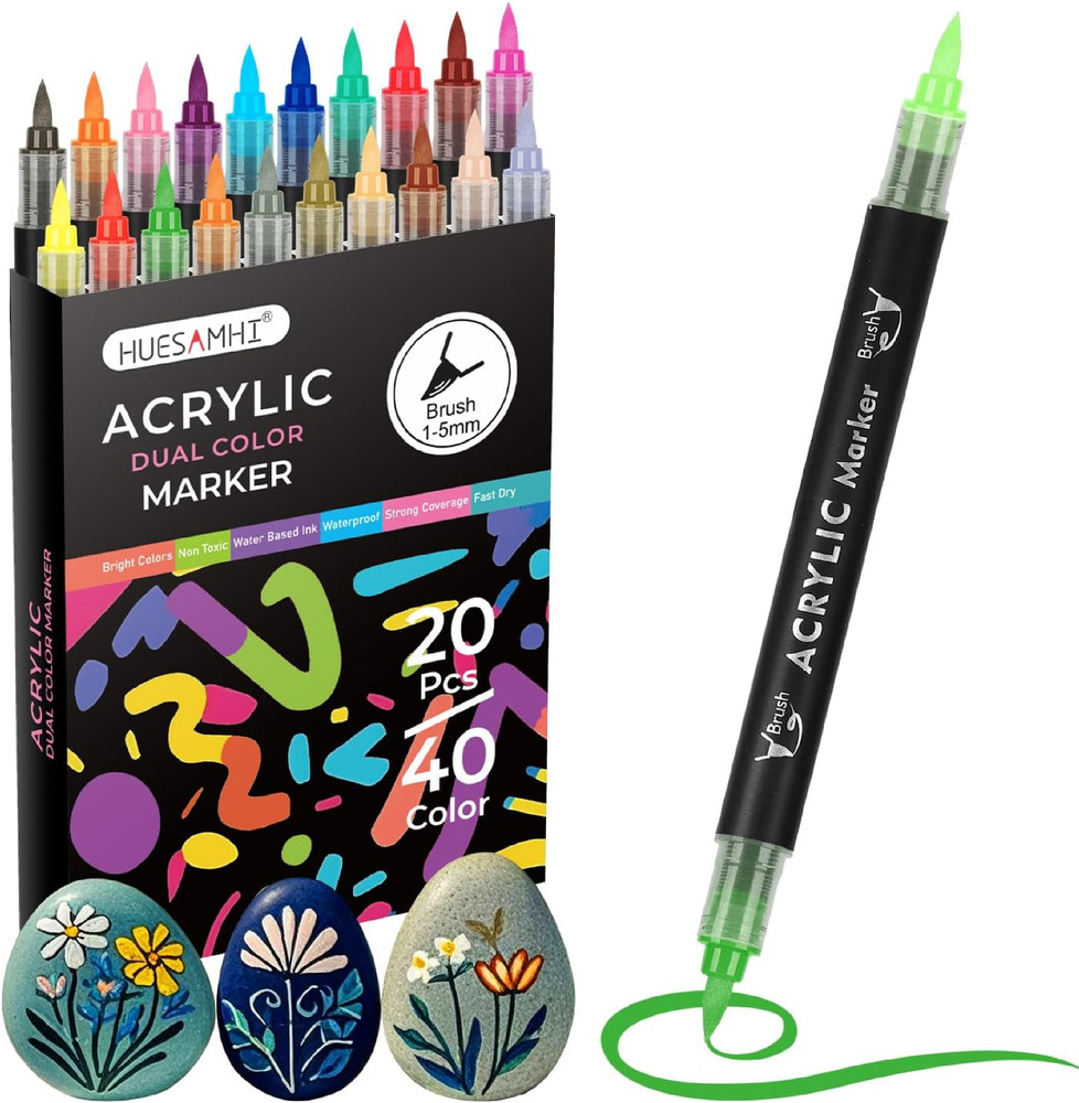 huesamhi Acrylic Paint Markers 40 Colors 20 PCS Dual Tip Acrylic Markers for