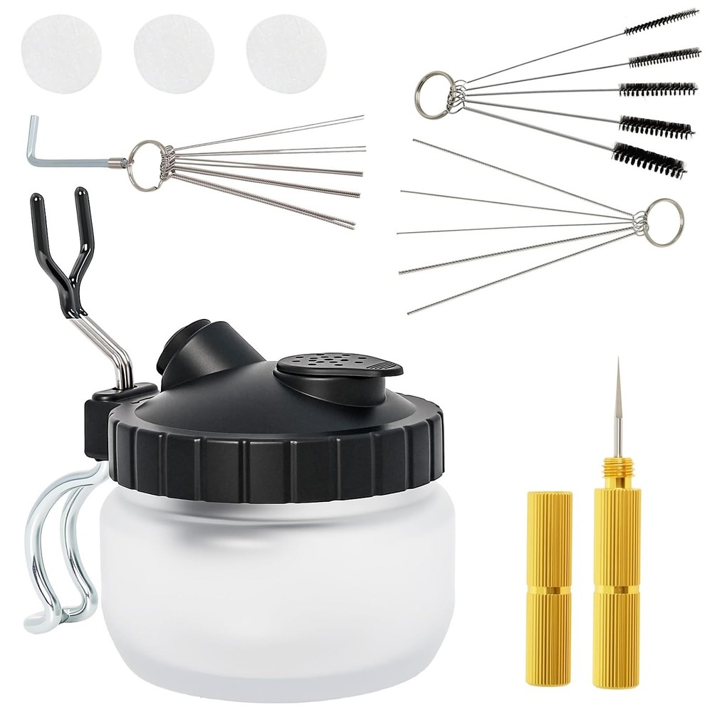 Airbrush Cleaning Kit, Glass Airbrush Cleaning Pot with Holder, Filter Pads, Cle