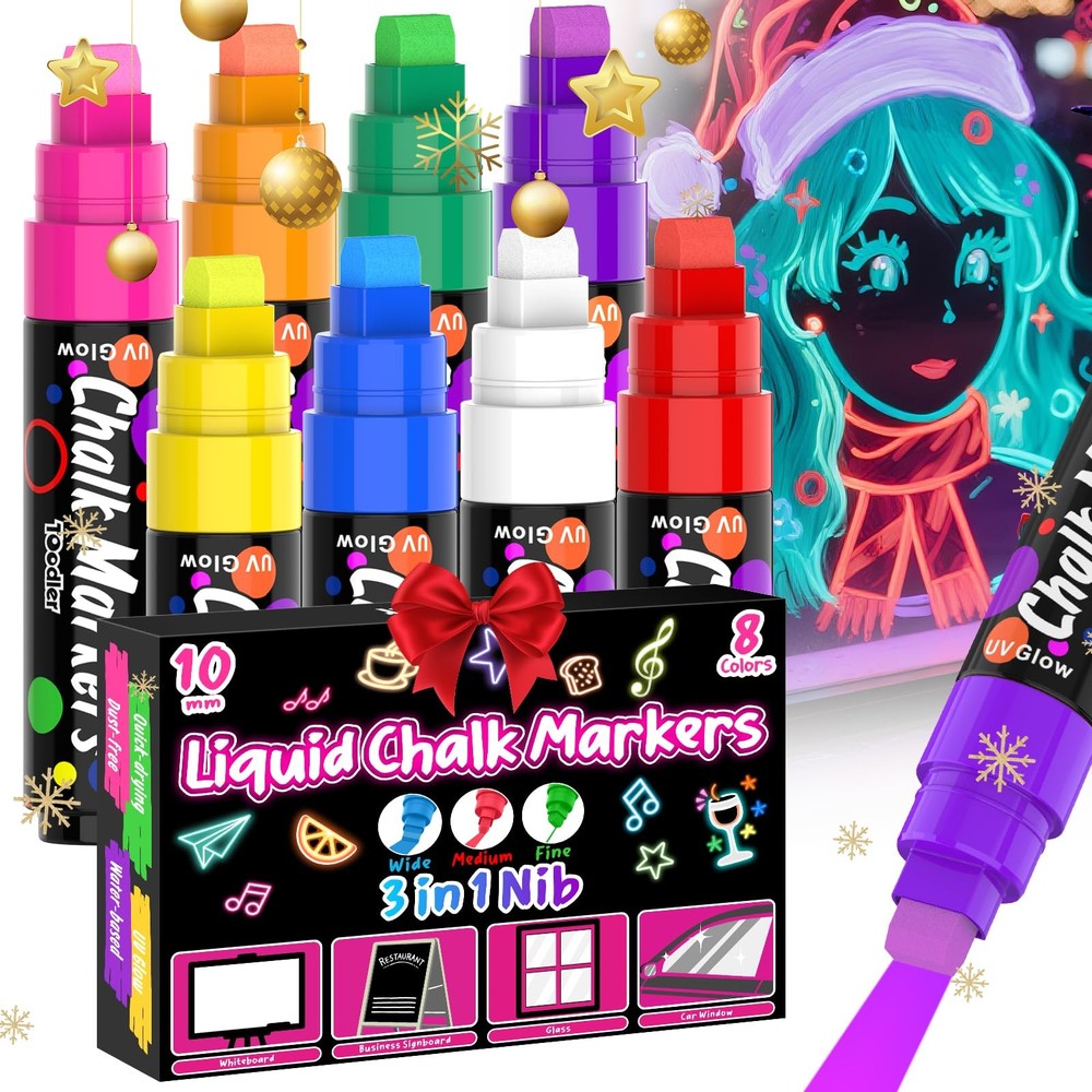 8 UV Neon Chalk Markers Glow Under Blacklight Jumbo 10mm Erasable Glass Board