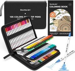 105 Dual Tip Brush Marker Pens Set + Bonus Coloring Book
