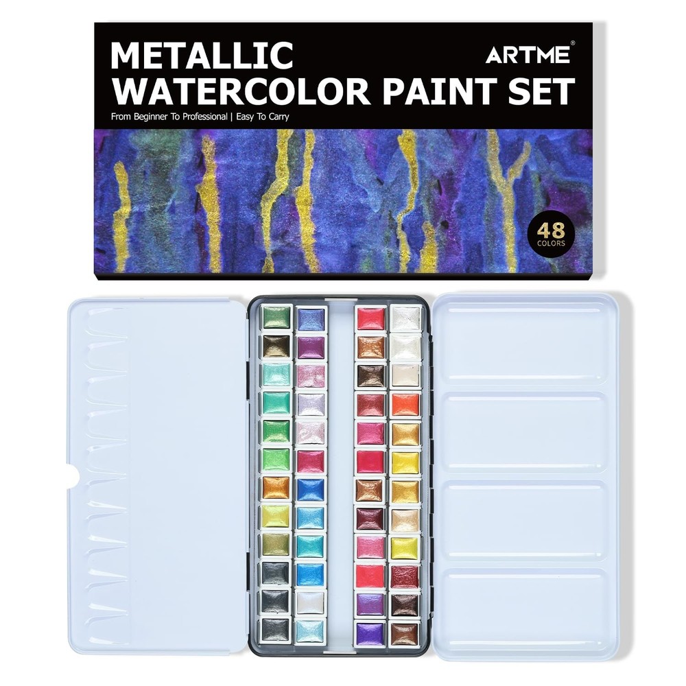 Metallic Watercolor Paint Set “ 48 Glitter Colors In A Metal Case With Palette F