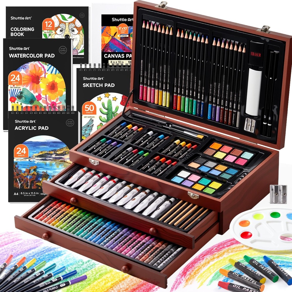Deluxe Gift Art Kit, 202-Piece Wooden Art Supplies Set with 4 Drawing Pads, C…