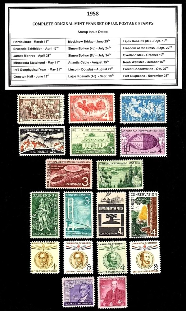 1958 Complete Year Set of Mint Vintage Commemorative U.S. Postage Stamps! MNH