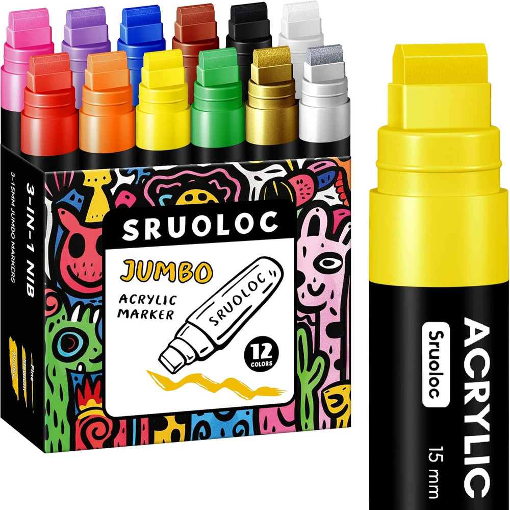 12 Colors Jumbo Markers, 15Mm Jumbo Felt Tip, Acrylic Paint Markers for Rock Pai