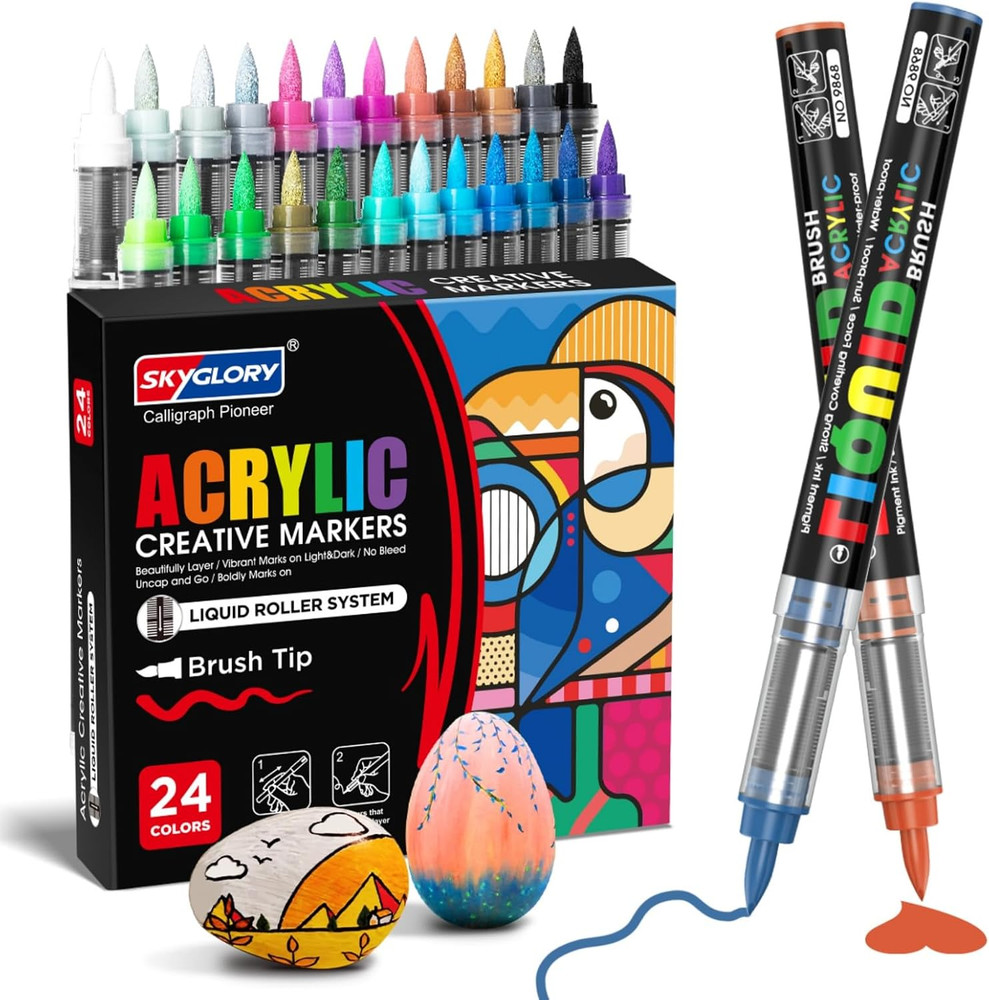 24 Colors Brush Tip Acrylic Paint Marker Pens, Liquid Large Markers for Calligr