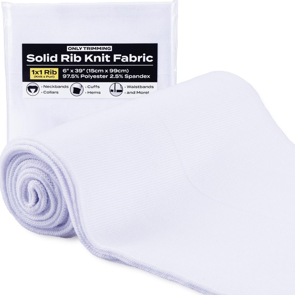 1×1 White Solid Rib Knit Fabric, 6×39 Inch, Stretchy, Cuffs, Collars, Waistbands