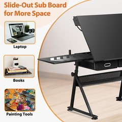 Adjustable Height Drafting Drawing Table Tiltable Tabletop Edge Stopper Black