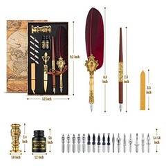 Feather Pen and Ink Set 22 Piece Calligraphy Kit with Natural Quills Vintage Box