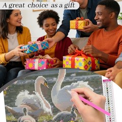 Diamond Painting Kit Full Diamond Circular Art Featuring Flowers and Swans, 5D Q