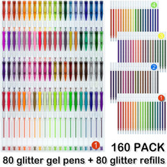 Glitter Gel Pens 220% Ink Glitter 80 Colored Gel Pens plus 80 Refills 160 Pack