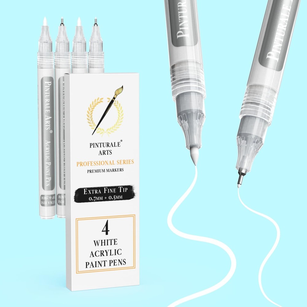 Pinturale Arts® 4 White Extra Fine Acrylic Paint Pens for MultiSurface Art