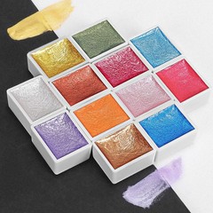 12 Color Metallic Glitter Watercolor Paints Set 2 Brushes 2 Color Cards Bag