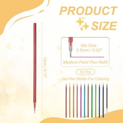 12Pack 0.5mm Gel Pen Refills for Coloring, Medium Point Pens Refills, Multicolor