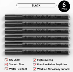Black Marker Paint Pens – 6 Pack Acrylic Black Permanent Marker, 0.7Mm Extra Fin