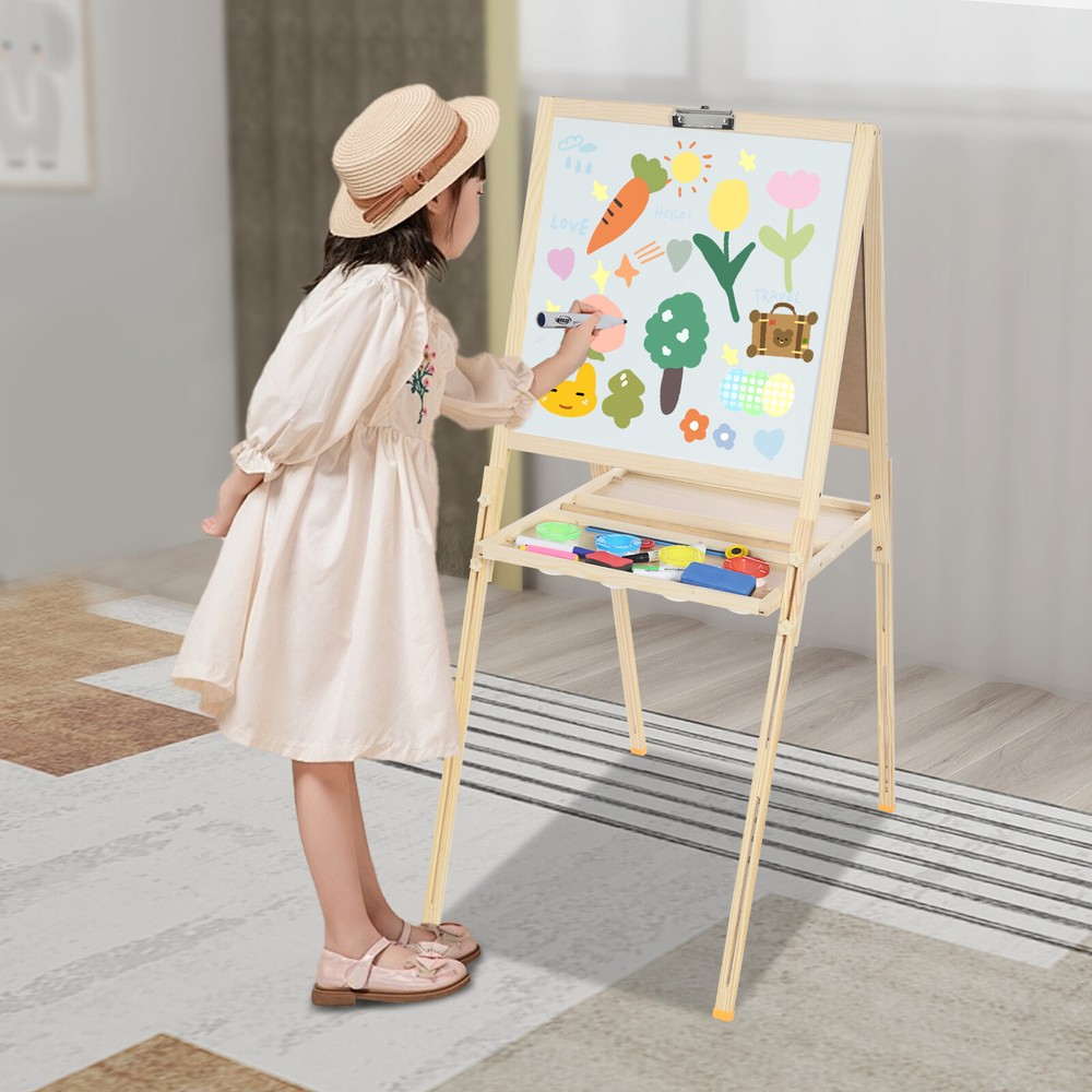 Adjustable Height Floor Standing 3-in-1 Wood Color Easel For Kids With 2 Panels