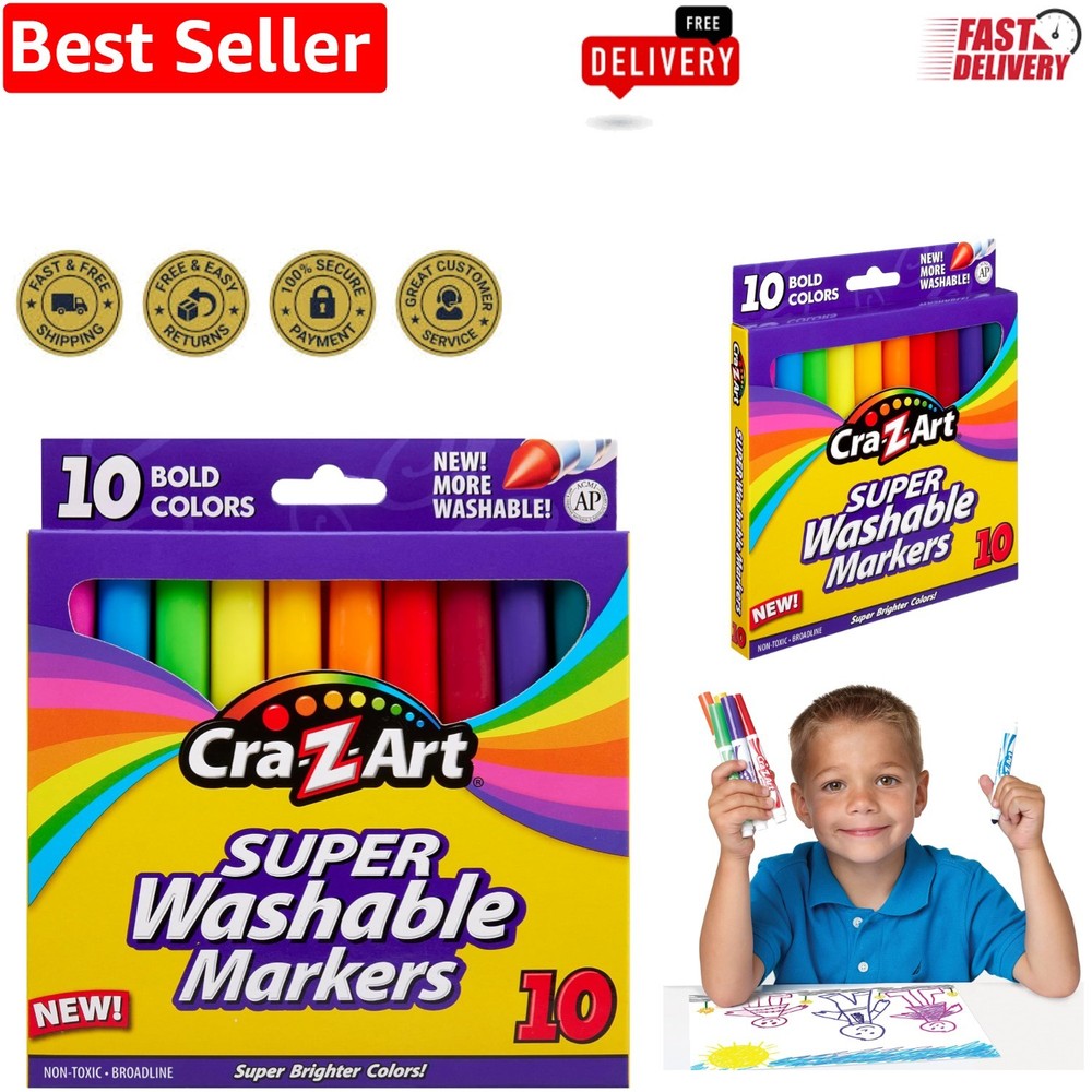 10 Count Washable Markers – Smooth Grip, Non-Toxic for Classroom Creativity