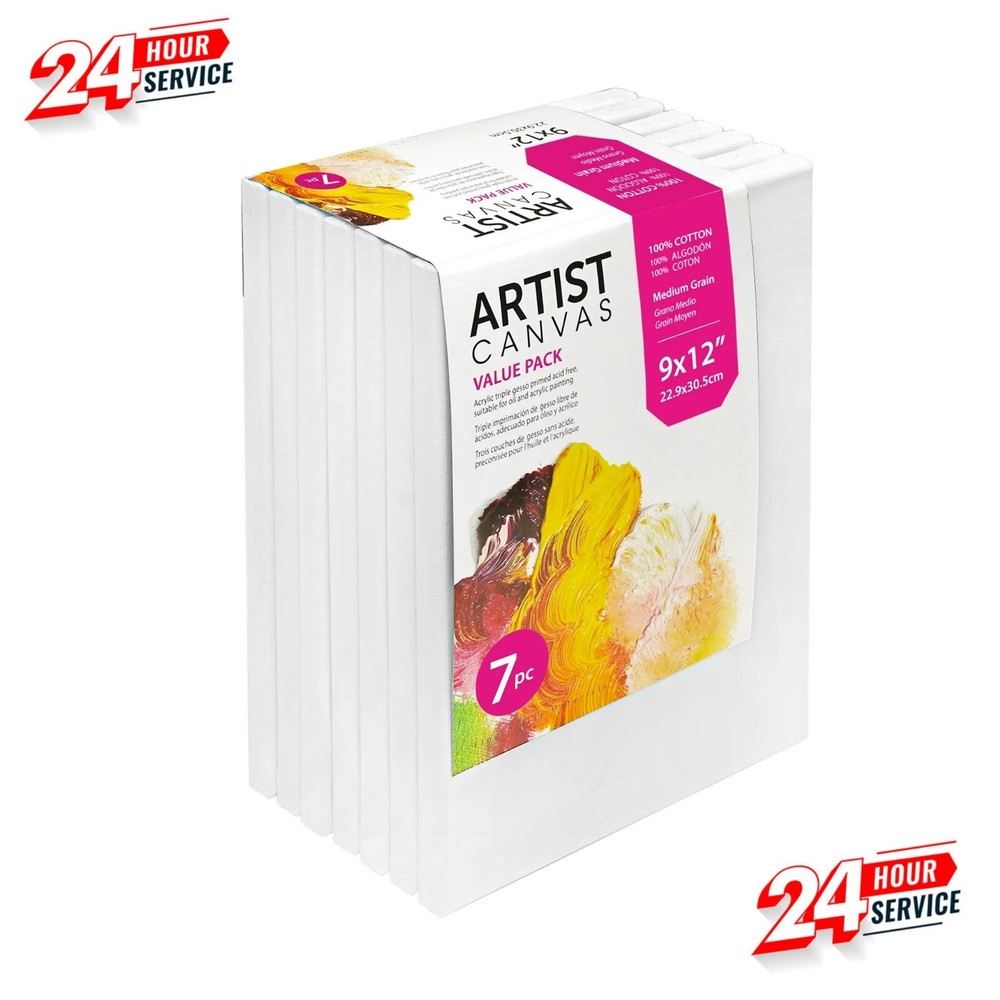 Studio Stretched Canvas, 9″X12″, 7 Pack, 100% Cotton Acid Free, White, Academic