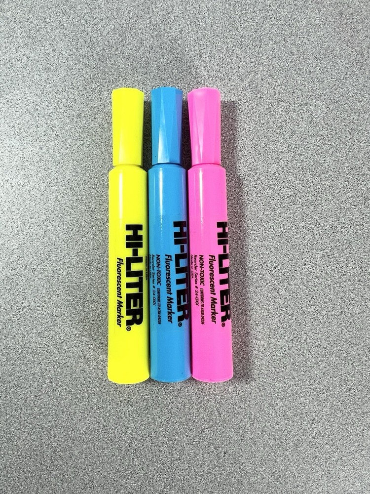 Vintage Avery Dennison Hi-Liter Fluorescent Marker Set Of 3 Blue Pink Yellow