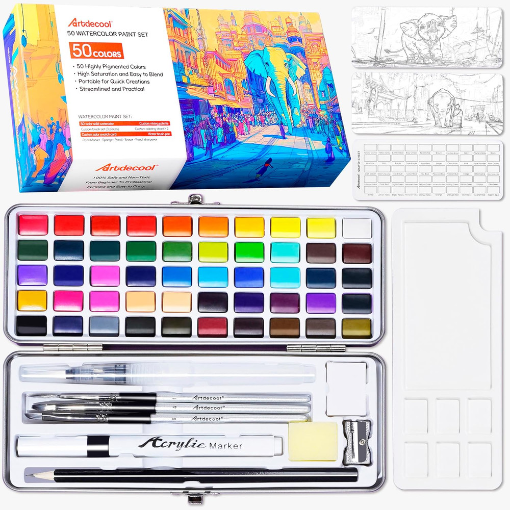 Watercolor Paint Set, 50 Colors, 4 Brushes, 3 Swatch Cards, Palette, Acrylic …