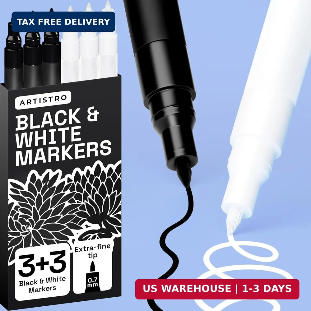 ARTISTRO 6 Black & White Acrylic Paint Pens – 0.7mm Extra-Fine Tip Markers – Pai