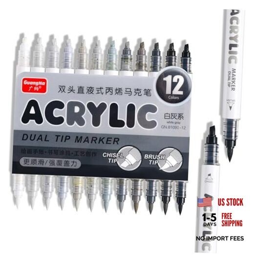 12 Colors Dual Tip Acrylic Paint Markers, Gray and Black Color — Extra Grey