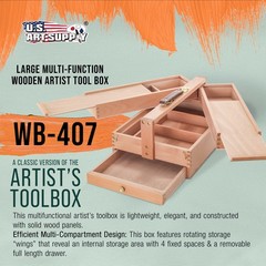 US Art Supply Large Multi-Function Wooden Artist Tool & Brush Storage Box Draw