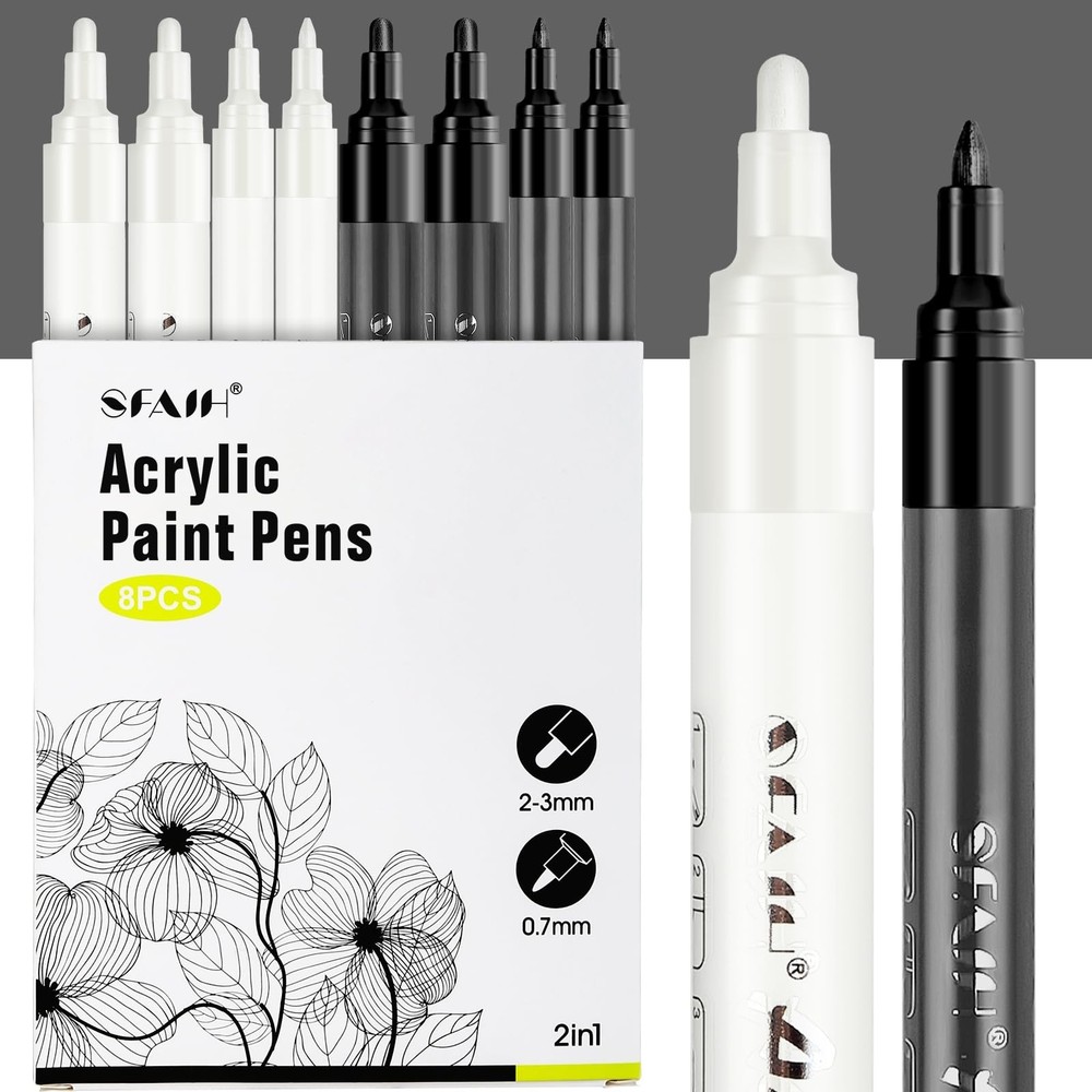 SFAIH Black & White Acrylic Paint Markers – 8 Pack 2-3MM Medium Tip & 0.7MM E…